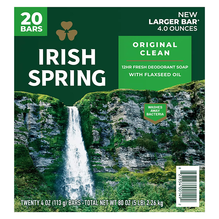 IRISH SPRING BAR SOAP 4 OZ 20 PK ORIGINAL CLEAN WITH FLAXSEED OIL