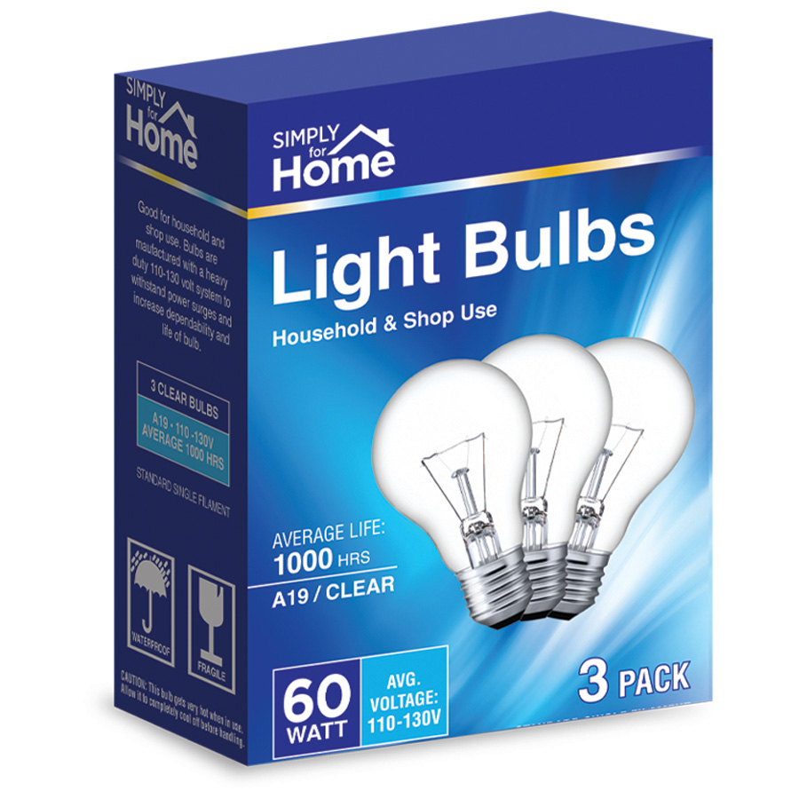 SIMPLY FOR HOME LIGHT BULB 3 PK 60W CLEAR
